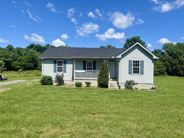 19 Winding Hills Ln, Gordonsville, TN 38563 - ranch-style home featuring a porch, a front yard, dirt driveway, and a shingled roof