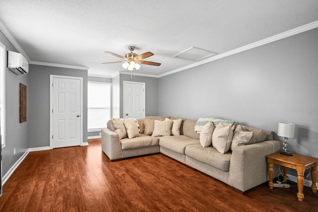 3513 Hunters Rdg, Woodlawn, TN 37191 - living area featuring a wall mounted air conditioner, wood finished floors, baseboards, a ceiling fan, and ornamental molding
