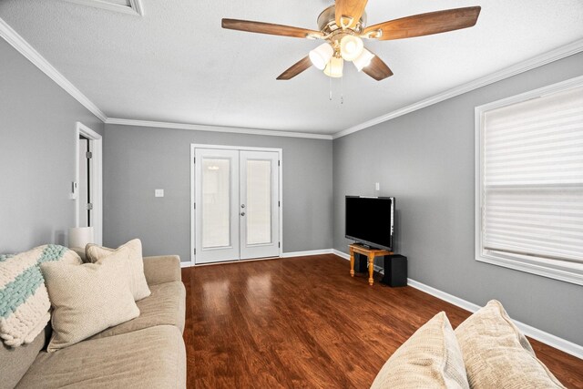 3513 Hunters Rdg, Woodlawn, TN 37191 - living room featuring wood finished floors, french doors, a ceiling fan, crown molding, and baseboards