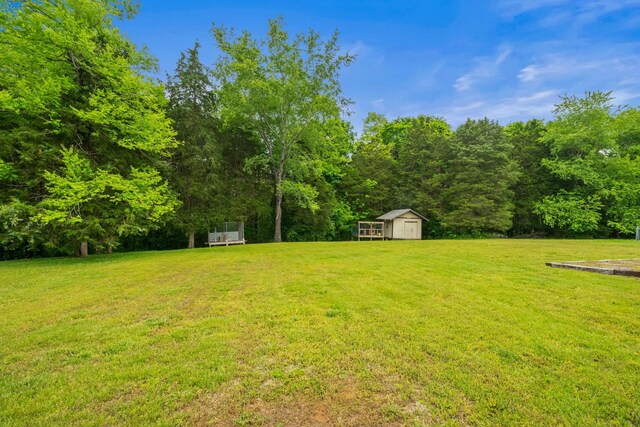 3513 Hunters Rdg, Woodlawn, TN 37191 - view of green lawn featuring an outbuilding, a storage shed, and a wooded view