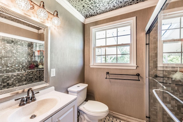 907 N Graycroft Ave, Madison, TN 37115 - bathroom with toilet, ornamental molding, vanity, and tiled shower