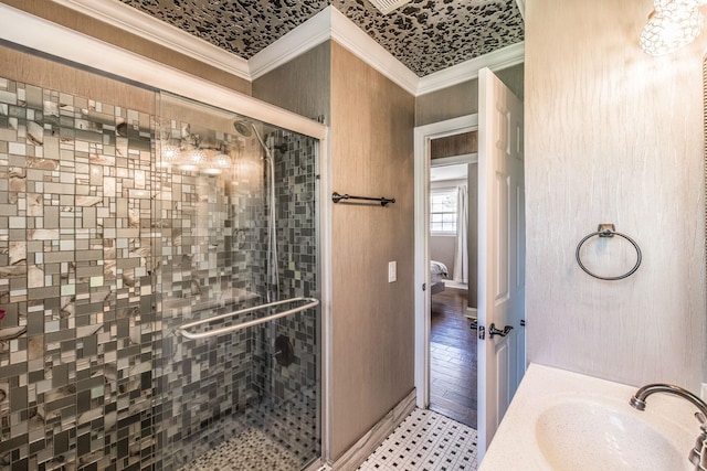907 N Graycroft Ave, Madison, TN 37115 - bathroom featuring crown molding, a shower stall, vanity, and baseboards
