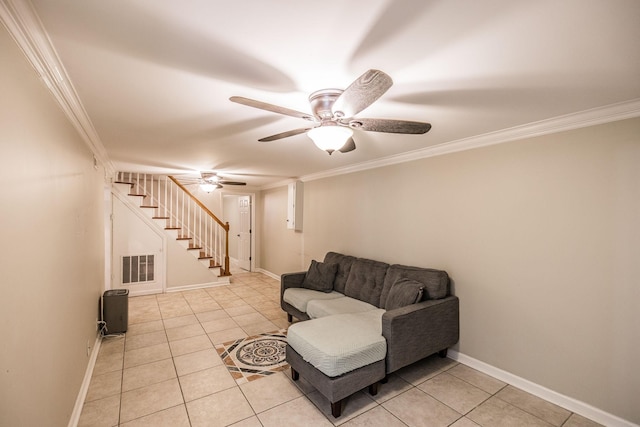 907 N Graycroft Ave, Madison, TN 37115 - living area with stairs, light tile patterned flooring, ceiling fan, crown molding, and baseboards