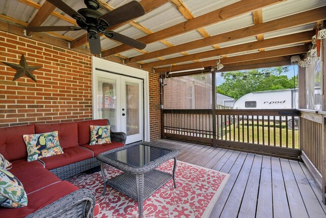206 Evergreen Dr, Columbia, TN 38401 - wooden deck featuring an outdoor living space, a ceiling fan, and french doors