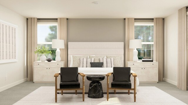 sitting room featuring baseboards and light carpet