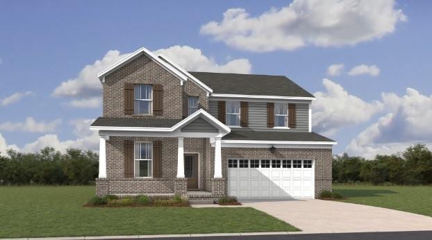 craftsman house featuring a garage, a porch, a front lawn, and brick siding