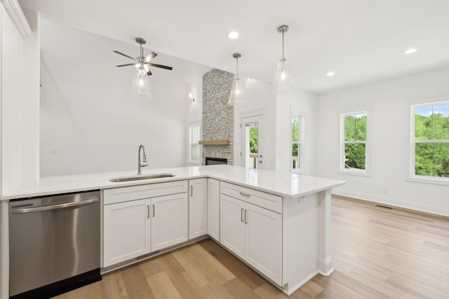 1065 Gholson Rd, Clarksville, TN 37043 - kitchen featuring a stone fireplace, stainless steel dishwasher, a sink, light countertops, and light wood-style flooring