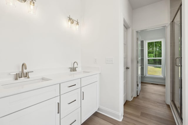 1065 Gholson Rd, Clarksville, TN 37043 - full bathroom with a sink, double vanity, a stall shower, and wood finished floors