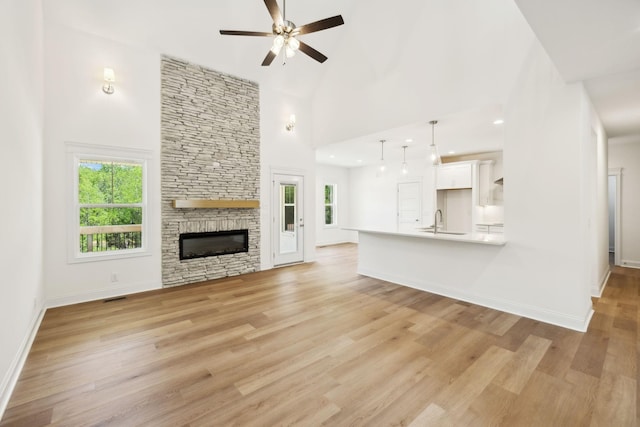 1065 Gholson Rd, Clarksville, TN 37043 - unfurnished living room with a ceiling fan, a sink, a wealth of natural light, and high vaulted ceiling