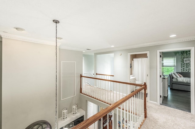 1505 Newmans Trl, Hendersonville, TN 37075 - corridor with crown molding, carpet floors, baseboards, an upstairs landing, and recessed lighting