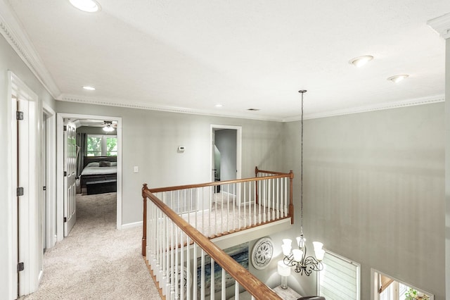 1505 Newmans Trl, Hendersonville, TN 37075 - hall featuring light colored carpet, recessed lighting, baseboards, an upstairs landing, and ornamental molding
