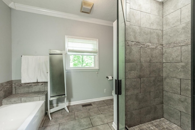 1505 Newmans Trl, Hendersonville, TN 37075 - bathroom with a bath, visible vents, a stall shower, tile patterned floors, and ornamental molding