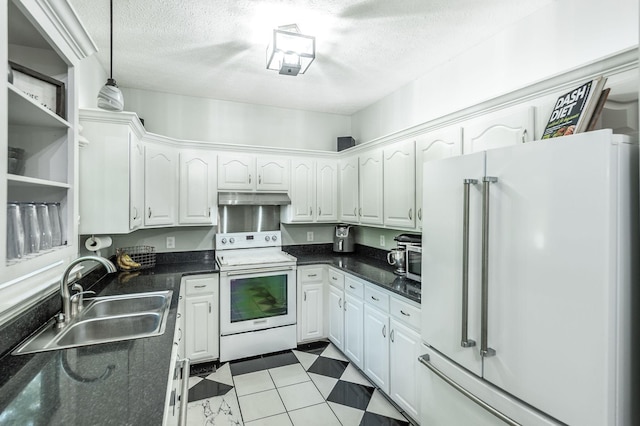 1505 Newmans Trl, Hendersonville, TN 37075 - kitchen with dark countertops, white appliances, white cabinetry, under cabinet range hood, and a sink