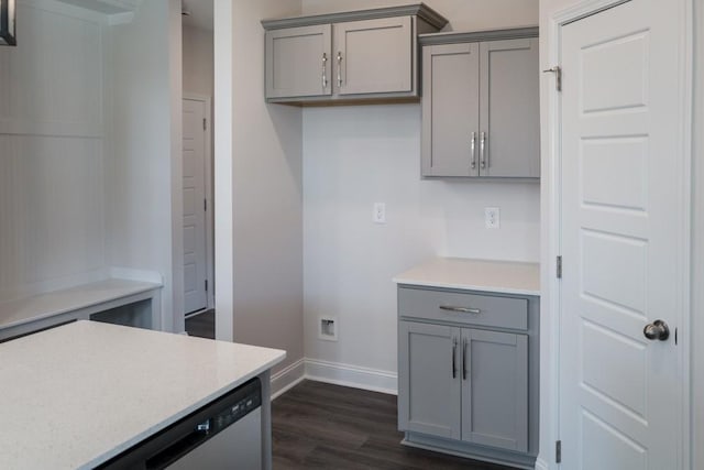 405 Galway Dr, Clarksville, TN 37042 - kitchen featuring gray cabinets, dark wood finished floors, and stainless steel dishwasher