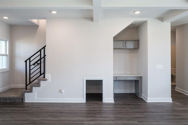 405 Galway Dr, Clarksville, TN 37042 - unfurnished living room featuring dark wood-style flooring, recessed lighting, beamed ceiling, and stairway