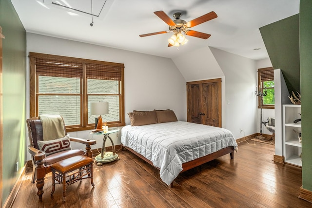 5959 River Trce, Nashville, TN 37218 - bedroom with baseboards, wood-type flooring, attic access, and lofted ceiling