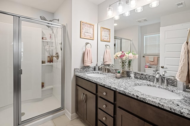 full bath featuring toilet, visible vents, a sink, and a stall shower