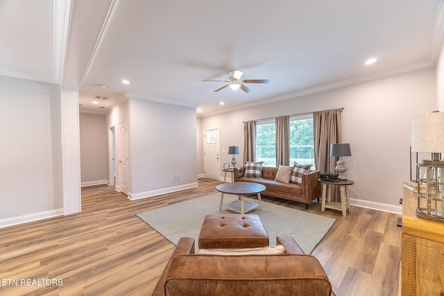8888 Shaw Ferry Rd, Lenoir City, TN 37772 - living area featuring light wood finished floors, ceiling fan, baseboards, ornamental molding, and recessed lighting