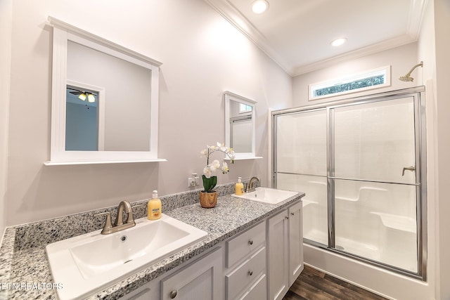8888 Shaw Ferry Rd, Lenoir City, TN 37772 - full bath with ornamental molding, a stall shower, wood finished floors, double vanity, and recessed lighting