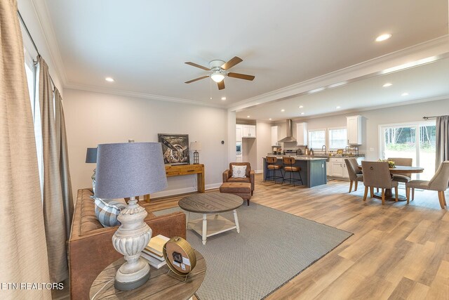 8888 Shaw Ferry Rd, Lenoir City, TN 37772 - living area with ceiling fan, light wood-style floors, recessed lighting, ornamental molding, and baseboards