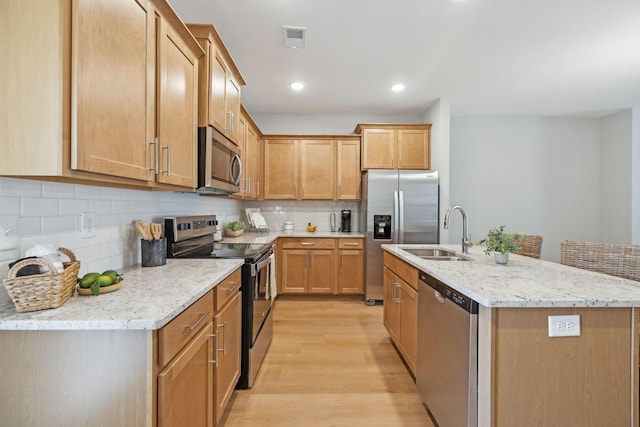 kitchen with visible vents, a kitchen island with sink, light wood-type flooring, a sink, and stainless steel appliances