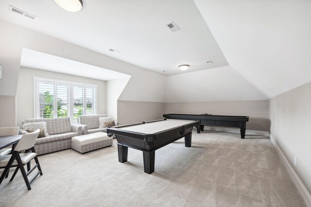 recreation room featuring billiards, light carpet, vaulted ceiling, and visible vents