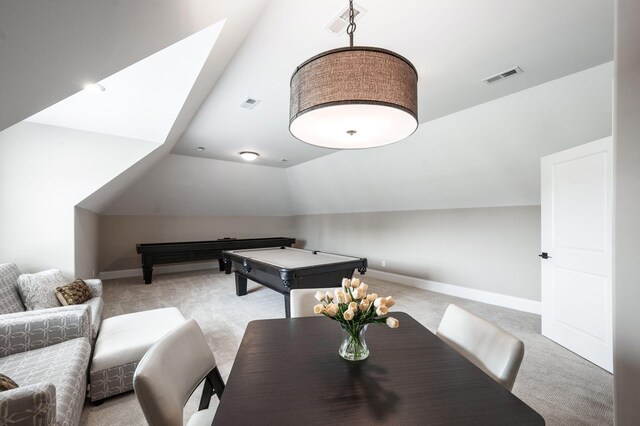 rec room featuring pool table, visible vents, vaulted ceiling, and carpet