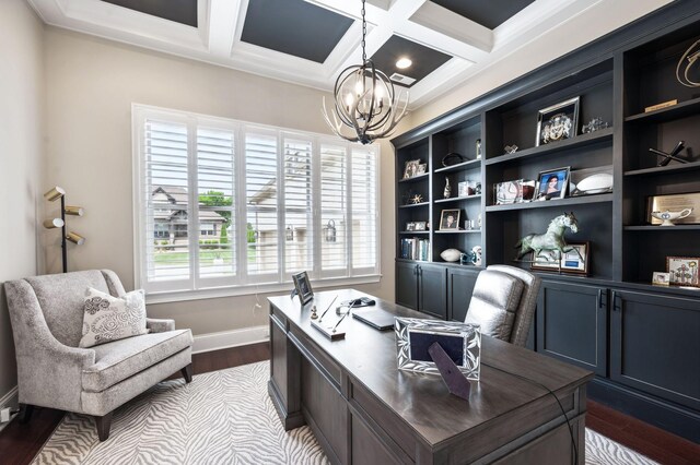 home office featuring dark wood-style flooring, beam ceiling, baseboards, a chandelier, and coffered ceiling
