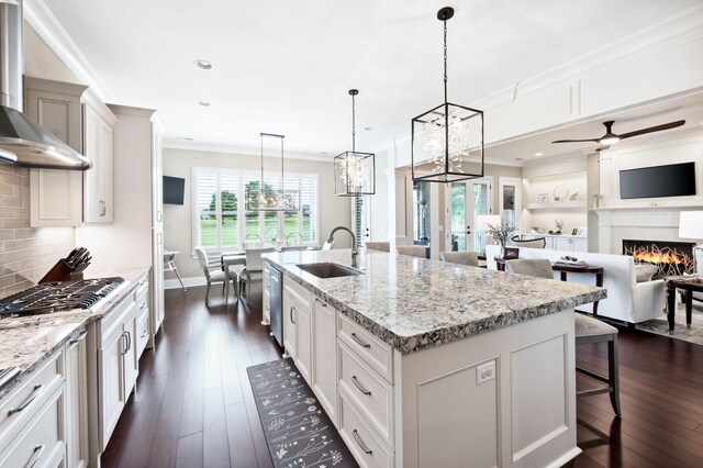 kitchen featuring ornamental molding, a sink, wall chimney exhaust hood, and a wealth of natural light