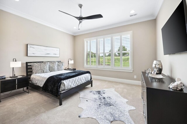bedroom featuring crown molding, visible vents, light carpet, baseboards, and recessed lighting