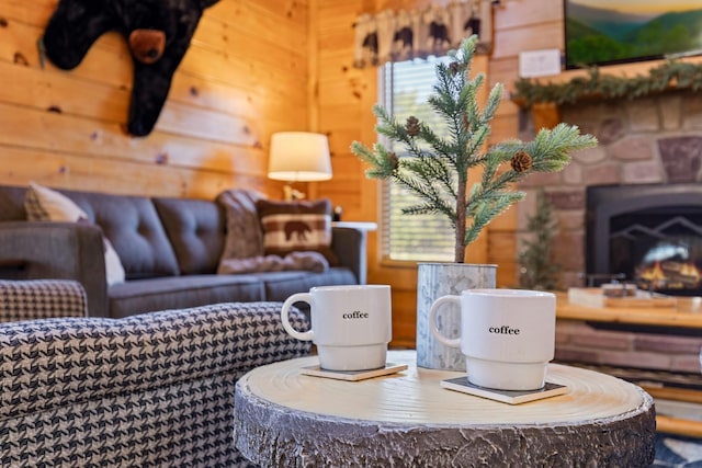 living area with wood walls