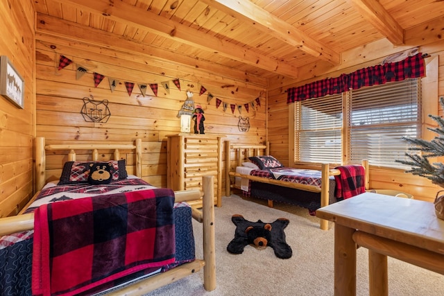 bedroom with wooden ceiling, beamed ceiling, carpet, and wood walls