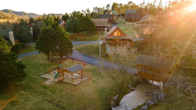 drone / aerial view with a mountain view