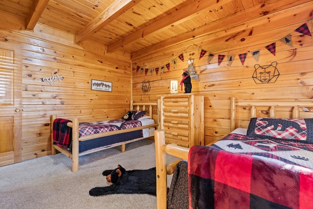 carpeted bedroom featuring wood ceiling, beam ceiling, and wooden walls