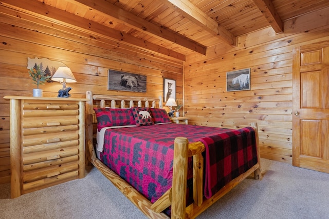 carpeted bedroom featuring wooden ceiling and beamed ceiling