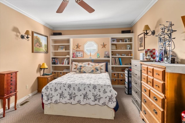 bedroom featuring carpet floors, ornamental molding, baseboards, and a ceiling fan