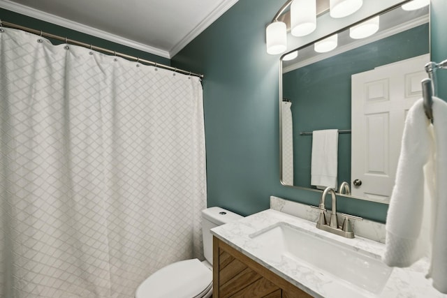 full bathroom featuring crown molding, vanity, and toilet