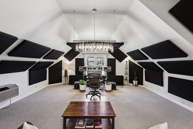 interior space with carpet flooring, baseboards, a chandelier, and lofted ceiling