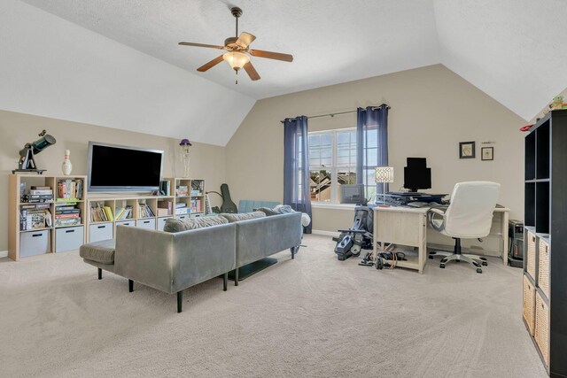 2095 Longhunter Chase Dr, Spring Hill, TN 37174 - carpeted living area featuring baseboards, a ceiling fan, and lofted ceiling