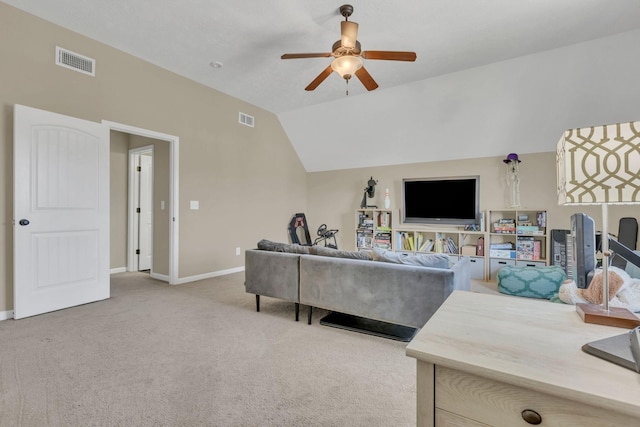 2095 Longhunter Chase Dr, Spring Hill, TN 37174 - carpeted living area with ceiling fan, visible vents, baseboards, and vaulted ceiling