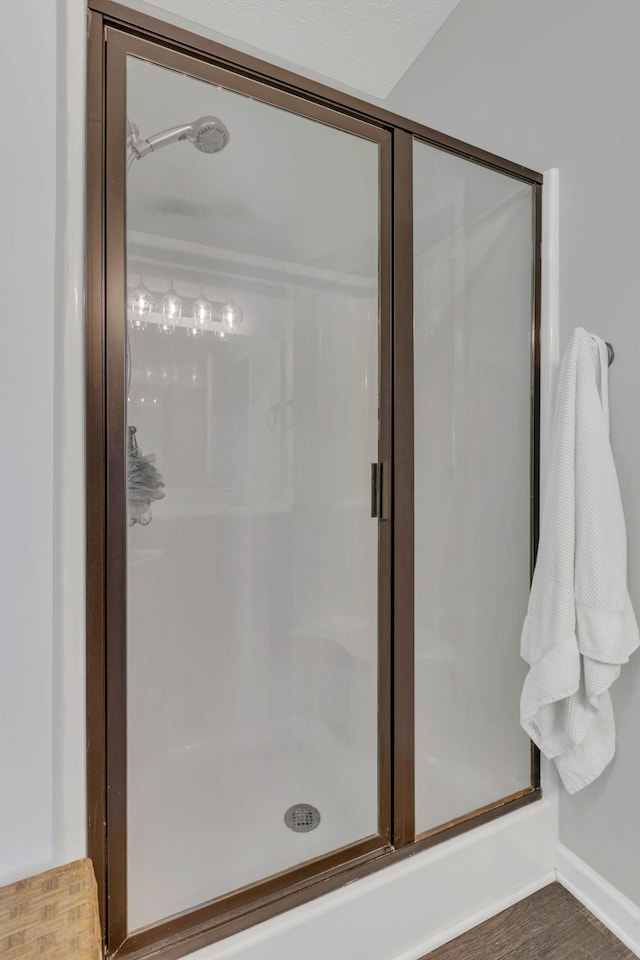 2095 Longhunter Chase Dr, Spring Hill, TN 37174 - full bathroom with baseboards, a stall shower, and wood finished floors