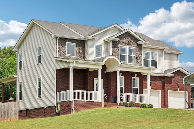 1792 Antler Rd, Woodlawn, TN 37191 - craftsman house featuring an attached garage, fence, stone siding, a front yard, and a porch