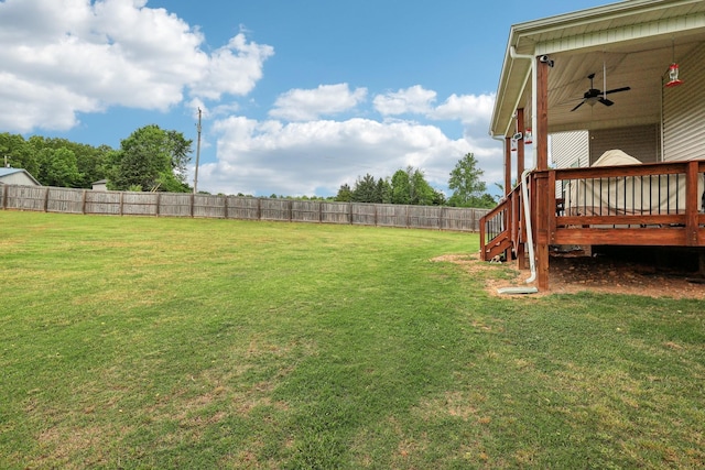 1792 Antler Rd, Woodlawn, TN 37191 - view of yard with a ceiling fan, a fenced backyard, and a wooden deck