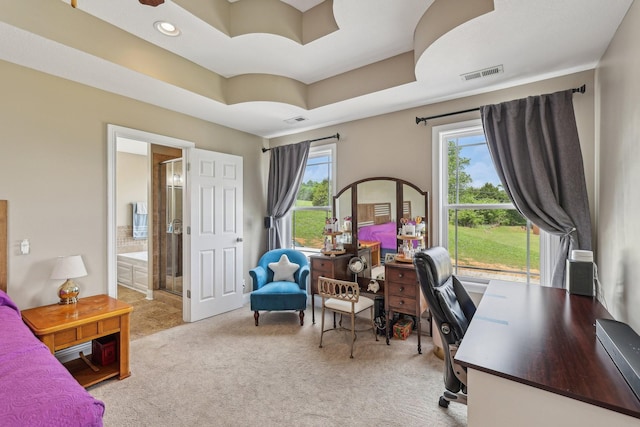 1792 Antler Rd, Woodlawn, TN 37191 - office area with a tray ceiling, light colored carpet, recessed lighting, and visible vents
