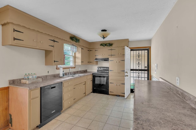 1416 Brannom Dr, Madison, TN 37115 - kitchen featuring a sink, light tile patterned floors, light countertops, black appliances, and under cabinet range hood