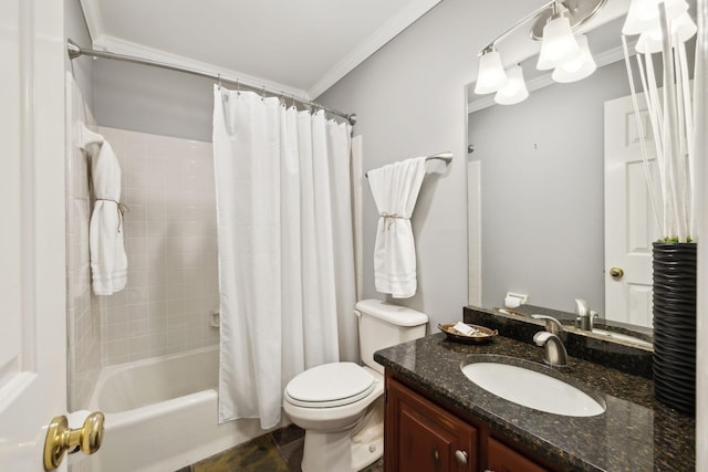 bathroom with vanity, ornamental molding, shower / bath combo with shower curtain, and toilet