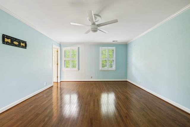 spare room with baseboards, a ceiling fan, wood-type flooring, and ornamental molding