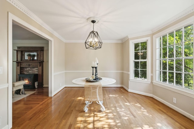 unfurnished dining area with crown molding, baseboards, a lit fireplace, and wood finished floors