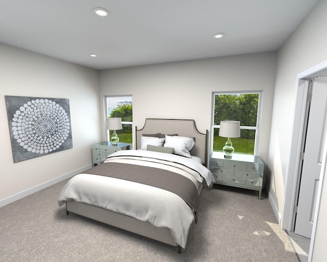 carpeted bedroom featuring baseboards and recessed lighting