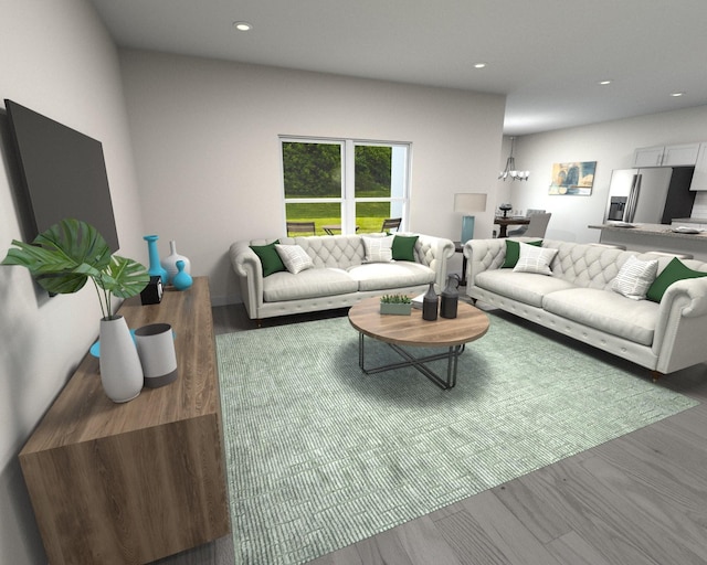 living area featuring recessed lighting, wood finished floors, and a notable chandelier